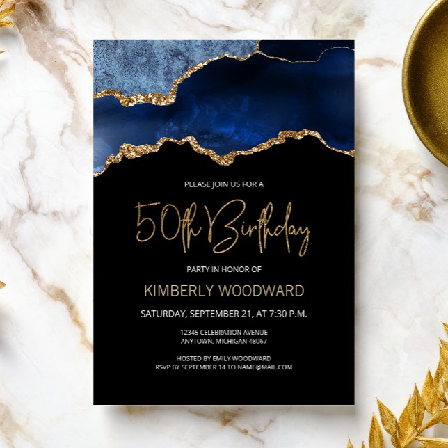Elegant Blue Gold Agate 50th Birthday Party Invitation (Creator Uploaded)