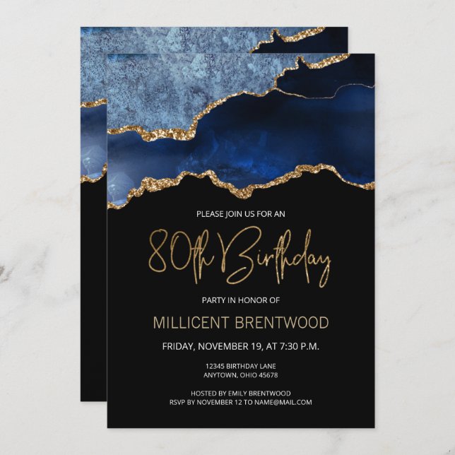 Elegant Blue Gold Agate 80th Birthday Invitation (Front/Back)