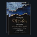 Elegant Blue Gold Agate 80th Birthday Invitation<br><div class="desc">This trendy 80th birthday invitation features a watercolor image of an agate geode in shades of blue with faux gold highlights. The words "80th Birthday" appear in faux gold glitter in decorative modern handwriting font. Customise it with the name of the honoree in gold coloured text and the details in...</div>