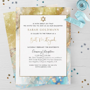 Elegant Blue Gold and Silver Celestial Bat Mitzvah Invitation