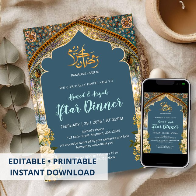 Elegant Blue & Gold Arch Ramadan Iftar Dinner Invitation (Creator Uploaded)