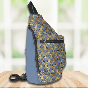 Elegant Blue Gold Art Deco Vintage Pattern Sling Bag