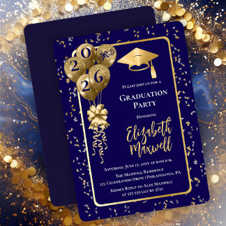 Elegant Blue Gold Balloons Graduation Party Invitation