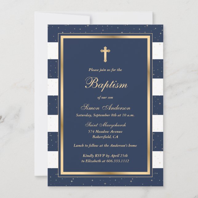 Elegant Blue Gold Baptism Invitation (Front)