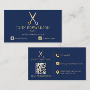 Elegant Blue Gold Barber Scissors Logo QR Code Business Card