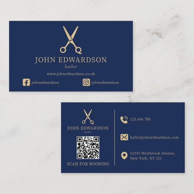 Elegant Blue Gold Barber Scissors Logo QR Code Business Card (Front/Back)