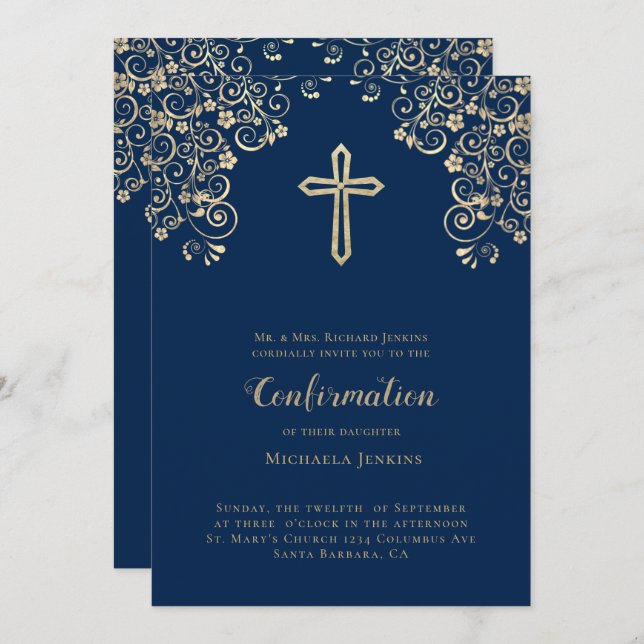 Elegant Blue Gold Bible Verse Confirmation  Invitation (Front/Back)