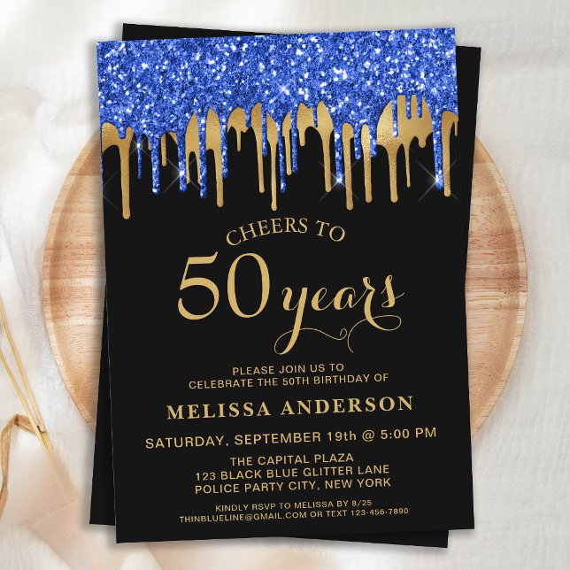 Elegant Blue Gold Black Glitter Drips 50 Birthday Invitation (Creator Uploaded)