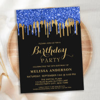 Elegant Blue Gold Black Glitter Drips Birthday