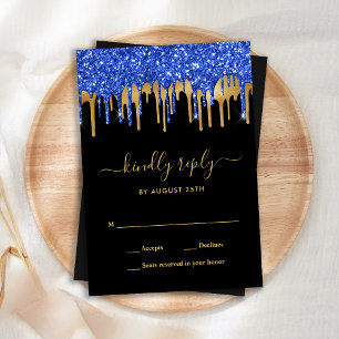 Elegant Blue Gold Black Glitter Drips Wedding RSVP Card