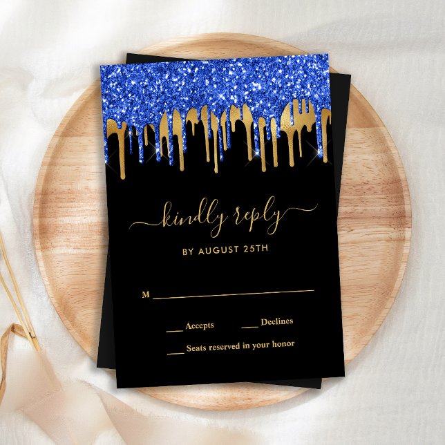 Elegant Blue Gold Black Glitter Drips Wedding RSVP Card (Creator Uploaded)