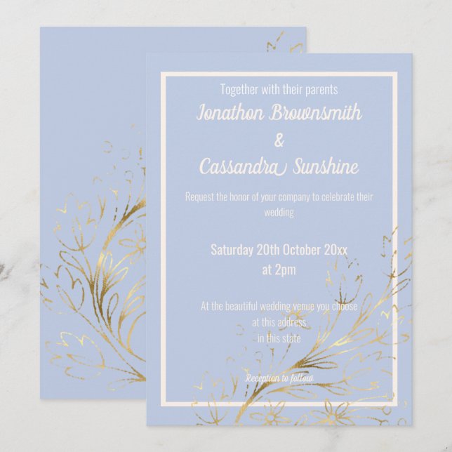 ELEGANT BLUE GOLD BLUSH LEAF WEDDING INVITATION (Front/Back)