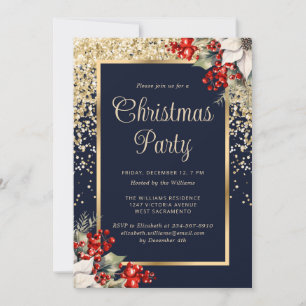Elegant Blue Gold Botanical Christmas Party Invitation