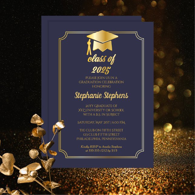 Elegant Blue | Gold Cap College Graduation Party Invitation (Elegant Blue and Gold Tone Graduation Cap College or University Party Invitation - Print | Download)