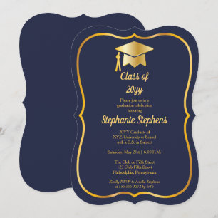 Elegant Blue Gold Cap Graduation Party Invitation
