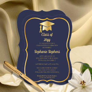 Elegant Blue   Gold Cap Graduation Party Invitation
