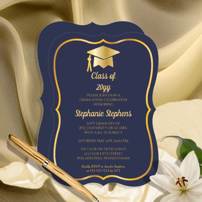 Elegant Blue | Gold Cap Graduation Party Invitation (Elegant Blue Gold Tone Grad Cap Bracket-Style Frame Graduation Party Invitation)