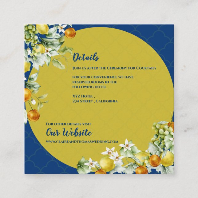Elegant Blue Gold Citrus Floral Wedding Details Enclosure Card (Front)