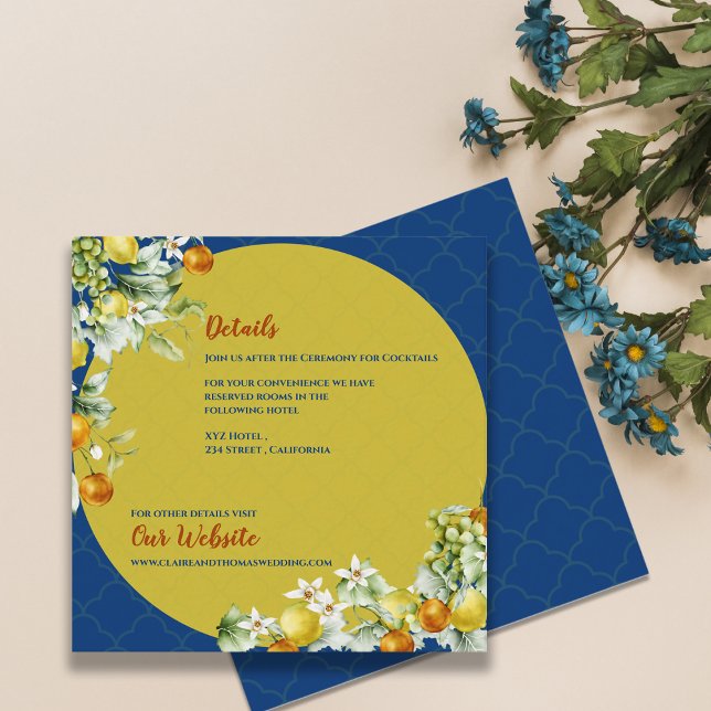 Elegant Blue Gold Citrus Floral Wedding Details Enclosure Card (Elegant Blue Gold Citrus Floral Wedding Details Enclosure Card)