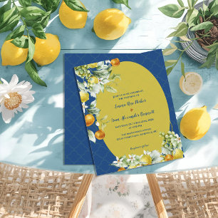 Elegant Blue Gold Citrus Floral Wedding Invitation