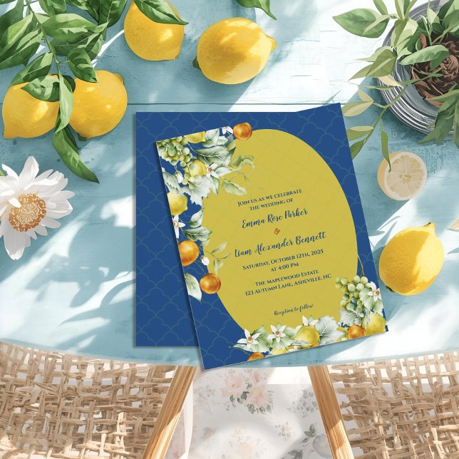 Elegant Blue Gold Citrus Floral Wedding Invitation (Elegant Blue Gold Citrus Floral Wedding Invitation)
