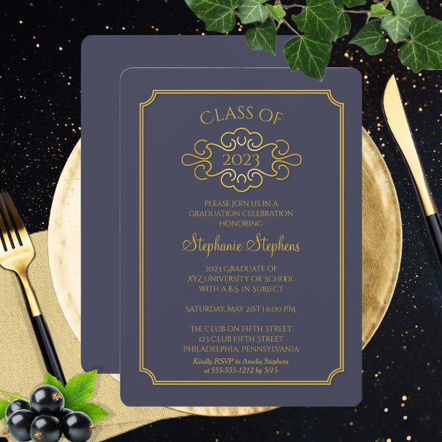 Elegant Blue | Gold College Graduation Party Invitation (Creator Uploaded)
