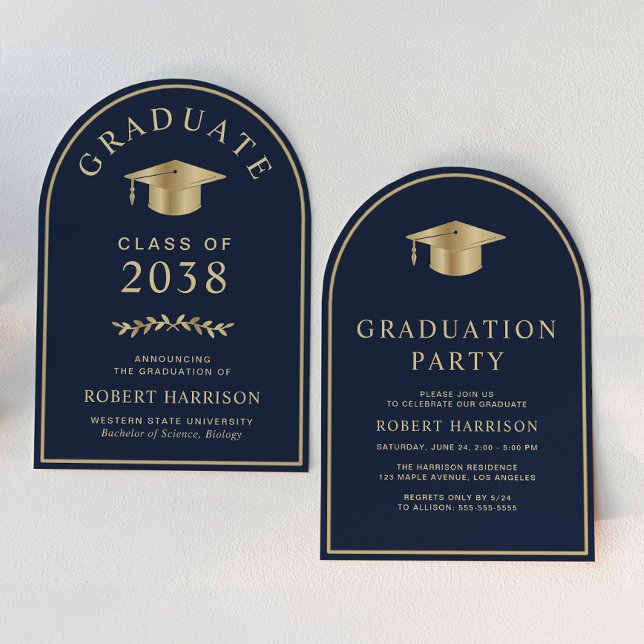 Elegant Blue Gold College Graduation Party Invitation (An elegant arch-shaped college graduation party invitation to celebrate the graduate's achievements)