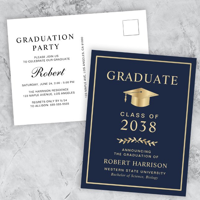 Elegant Blue Gold College Graduation Party Invitation Postcard (An elegant college graduation party invitation postcard to celebrate the graduate's achievements)