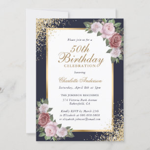 Elegant Blue Gold Confetti Floral 50th Birthday Invitation