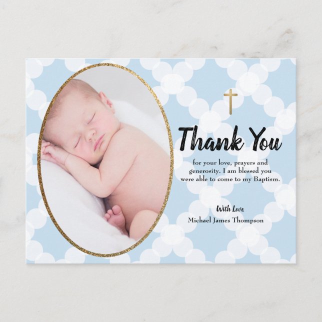 Elegant Blue Gold Cross Baptism Photo Thank you Postcard (Front)