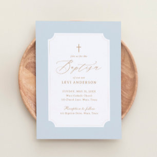 Elegant Blue Gold Cross Boy Baptism Invitation