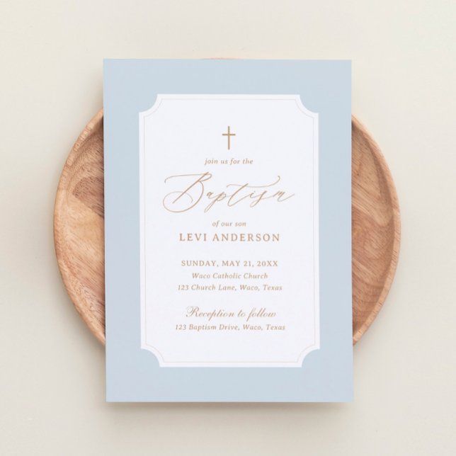 Elegant Blue Gold Cross Boy Baptism Invitation (Creator Uploaded)