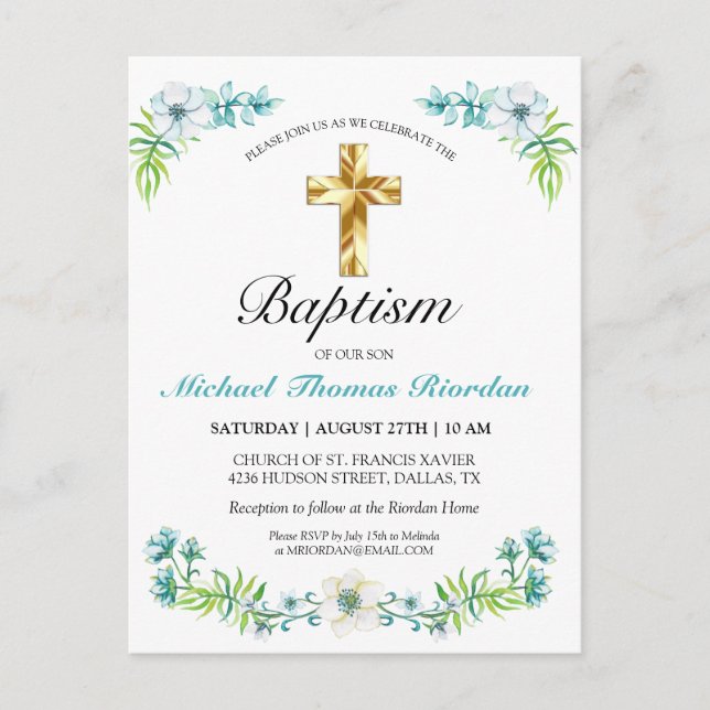 Elegant Blue Gold Cross Boy Baptism Invitation Postcard (Front)