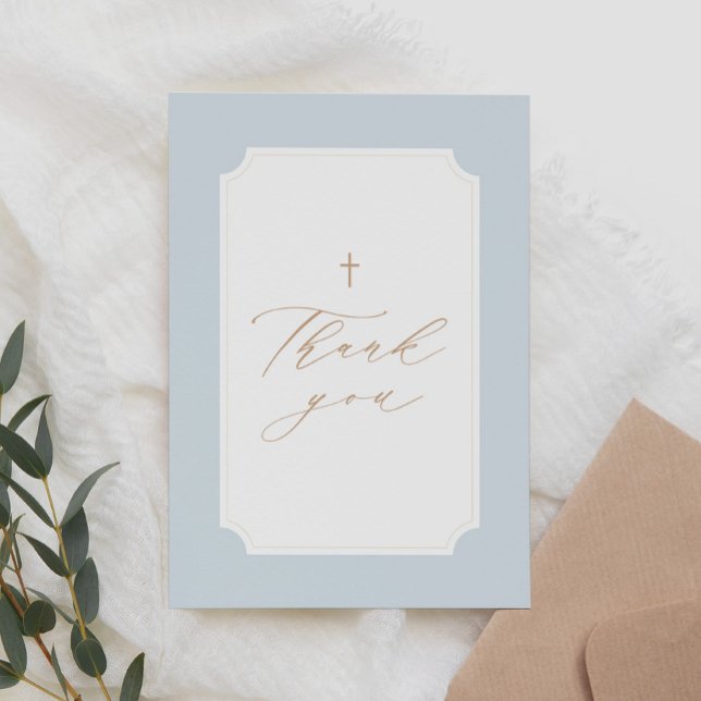 Elegant Blue Gold Cross Boy Baptism Thank You Card (Creator Uploaded)