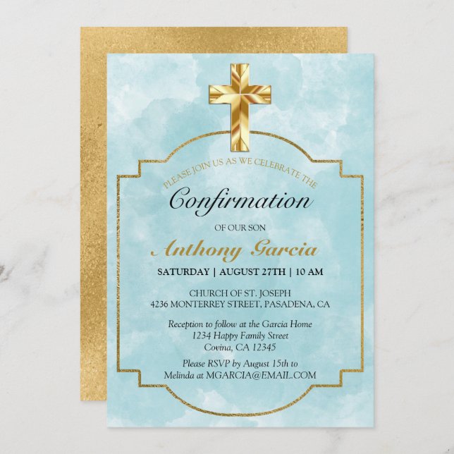Elegant Blue Gold Cross Boys Confirmation Invitation (Front/Back)