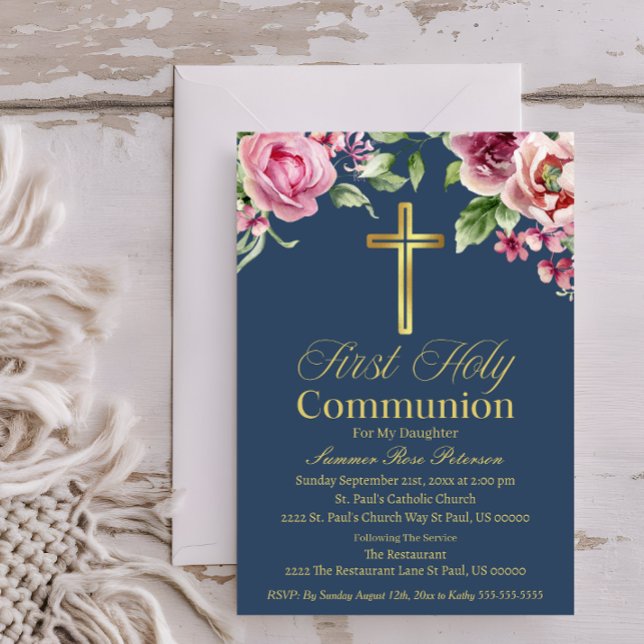 Elegant Blue Gold Cross First Communion Girl/Boy Invitation (Creator Uploaded)