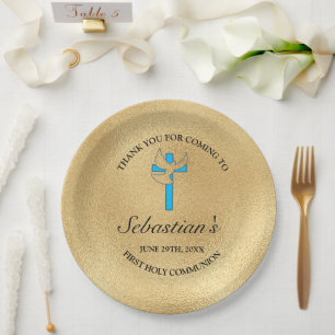 Elegant Blue Gold Cross First Communion Party Paper Plate