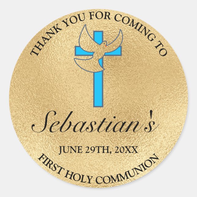 Elegant Blue Gold Cross First Communion Thank You Classic Round Sticker (Front)
