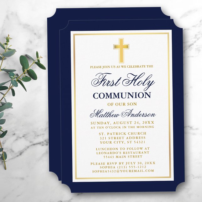 Elegant Blue Gold Cross First Holy Communion Invitation (Customize to change text size, color or text style.)