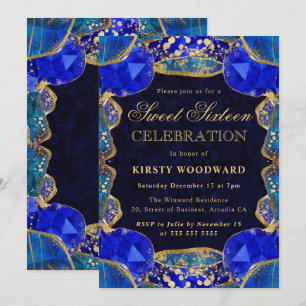 Elegant Blue Gold Crystal Frame Sweet 16 Invitation