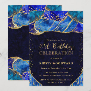Elegant Blue Gold Crystal Stone 21st Birthday Invitation