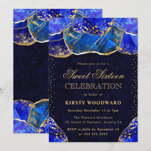 Elegant Blue Gold Crystal Stone Sweet 16 Invitation