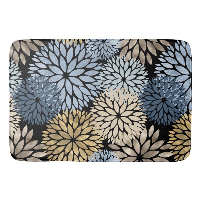 Elegant Blue Gold Dahlia Floral Bath Mat (Front)