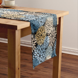 Elegant Blue Gold Dahlia Floral Short Table Runner