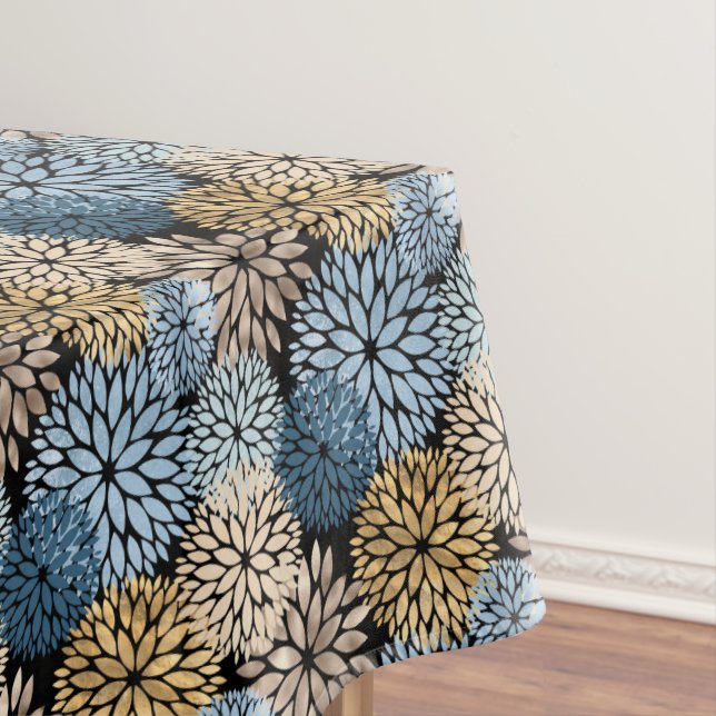 Elegant Blue Gold Dahlia Floral Tablecloth (In Situ)