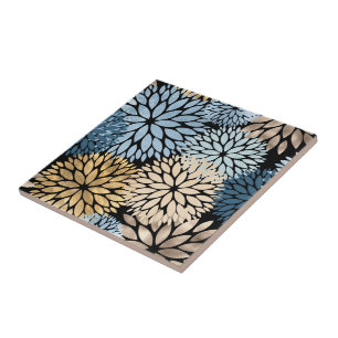 Elegant Blue Gold Dahlia Floral Tile
