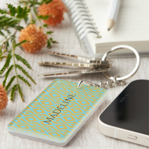 Elegant Blue Gold Diamond Pattern Key Ring