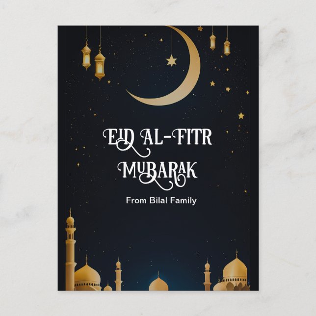 Elegant Blue & Gold Eid Al-Fitr Crescent Moon Post Holiday Postcard (Front)