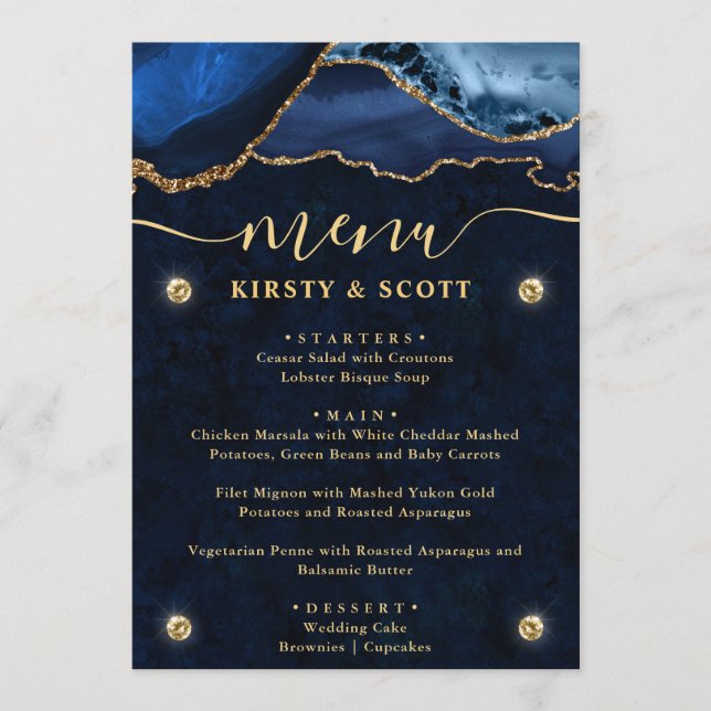 Elegant Blue & Gold Faux Glitter Agate Wedding Menu (Front)