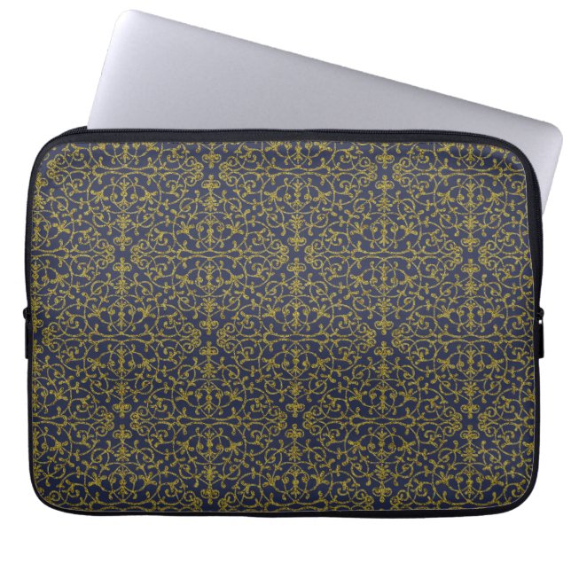 Elegant Blue & Gold Filigree Laptop Sleeve (Front)